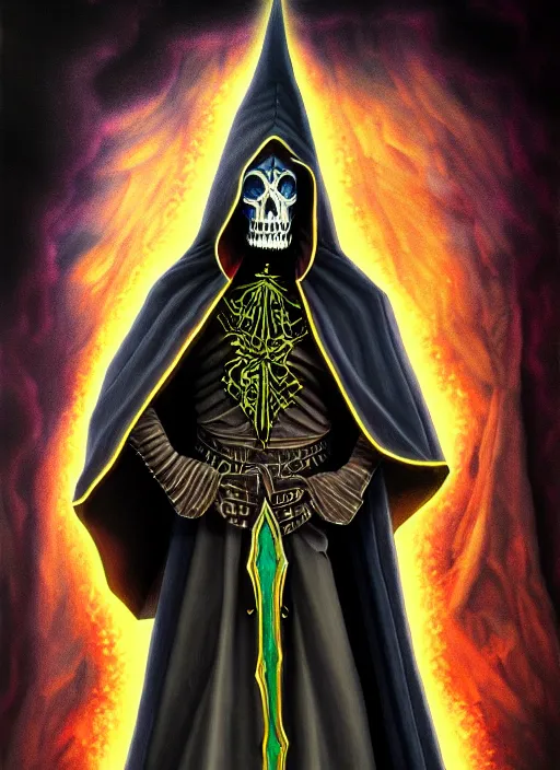 Image similar to ultradetailed painting of the necromancer, wearing a wizard cloak, crisp