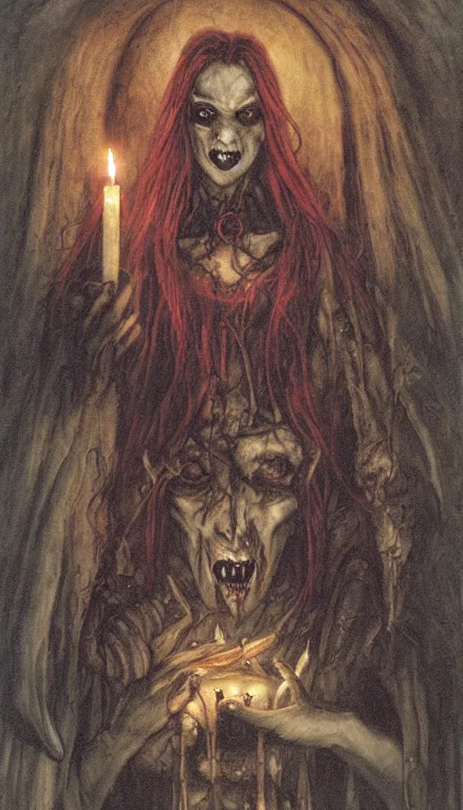 Image similar to carmilla vampire, gothic horror, by brian froud, candlelit catacombs