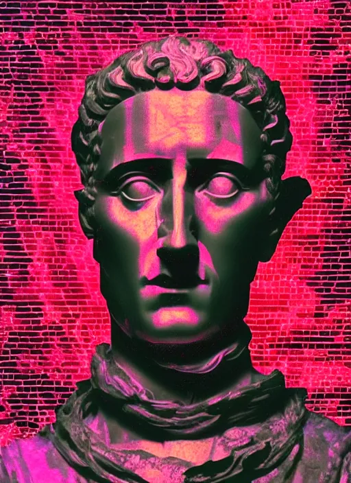 Prompt: black background with very subtle red and purple design elements, statue of julius caesar, nekro, graphic design, collage art, thin lines, dark, glitch art, neo vaporwave, gritty, layout frame, square, trending on artstation