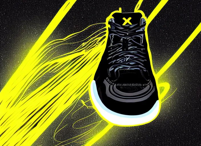 Image similar to glowing black basketball sneaker, wth short golden lines, yellow details, symmetrical, highly detailed, digital art, sharp focus, trending on art station, samurai, electricity superpowers, anime art style