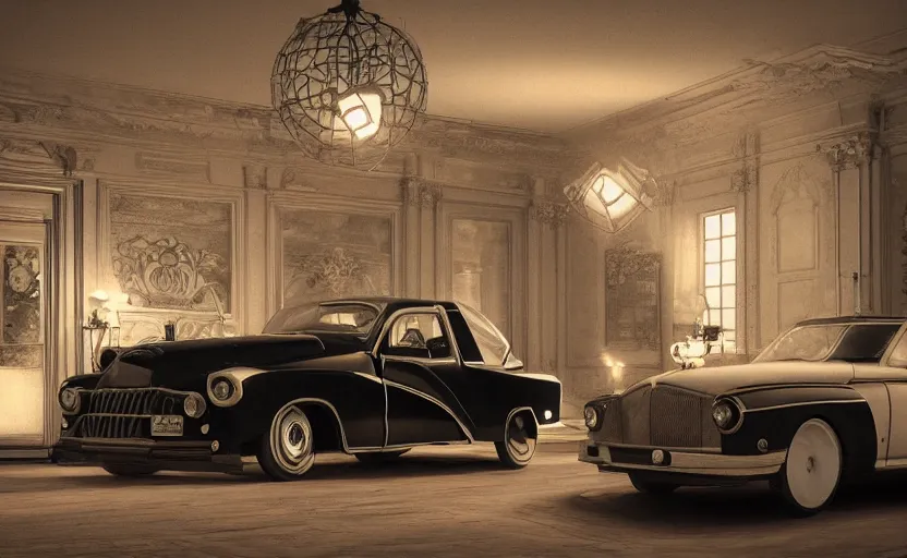 Prompt: a car. daylight. light fixtures. clockpunk. 18th century aesthetic. Rococopunk. 8K. detailed. photorealism. artstation. ultra realistic