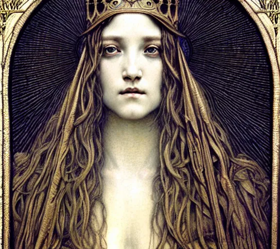 Image similar to detailed realistic beautiful young medieval queen face portrait by jean delville, gustave dore and marco mazzoni, art nouveau, symbolist, visionary, gothic, pre - raphaelite. horizontal symmetry