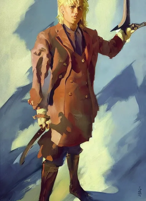 Image similar to greg manchess painting of a blond man in a blue suit with a sword and a pistol, asymmetrical, profile picture, organic painting, sunny day, matte painting, bold shapes, hard edges, street art, trending on artstation, by huang guangjian, gil elvgren, ruan jia, randy vargas, greg rutkowski