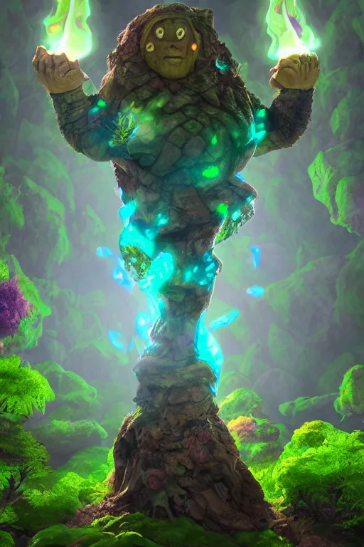 Image similar to arcane fantasy art giant golem elemental wood rock bastion forged gemstone enchanted forest troll, global illumination ray tracing hdr fanart arstation by sung choi and eric pfeiffer and gabriel garza and casper konefal lisa frank zbrush central hardmesh radiating a glowing aura