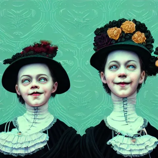 Image similar to creepy smiling twins in victorian clothes, black background, backlit:: by Martine Johanna and Simon Stålenhag and Chie Yoshii and Casey Weldon and Guillermo del toro :: ornate, dynamic, particulate, intricate, elegant, highly detailed, centered, artstation, smooth, sharp focus, octane render, 3d