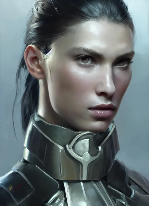 Image similar to a professional painting of a beautiful young female, clothed in military armor, olive skin, long dark hair, beautiful bone structure, symmetrical facial features, intricate, elegant, digital painting, concept art, smooth, sharp focus, illustration, from Metal Gear, by Ruan Jia and Mandy Jurgens and Artgerm and William-Adolphe Bouguerea