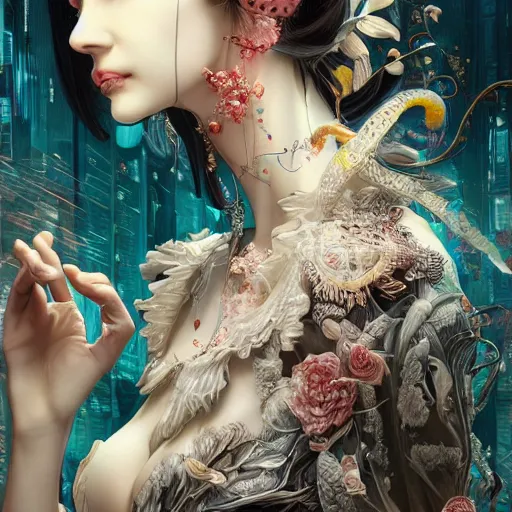 Image similar to the portrait of an absurdly beautiful, graceful, elegant, sophisticated, fashionable cyberpunk gravure idol, an ultrafine hyperdetailed illustration by kim jung gi, irakli nadar, takato yamamoto, intricate linework, bright colors, porcelain skin, unreal engine 5 highly rendered, fashion photography, fractal background, global illumination, radiant light, detailed and intricate environment