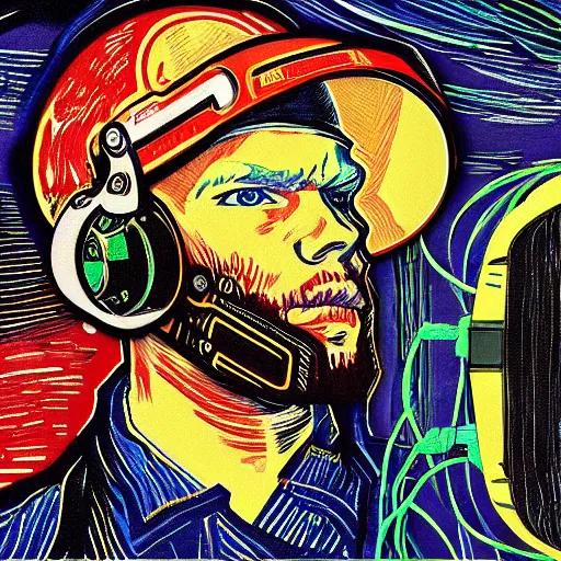 Image similar to Illustrated by Shepard Fairey and H.R. Geiger | Cyberpunk VAn Gogh with VR helmet, surrounded by cables