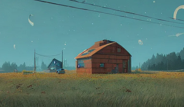 Prompt: A serene landscape with a singular building in the style of Simon Stalenhag.