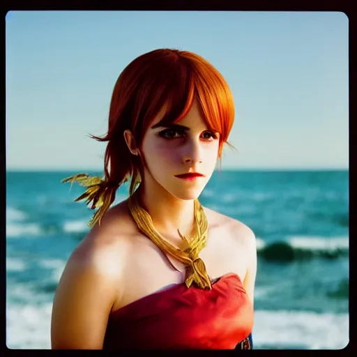 Image similar to headshot of Emma Watson cosplaying as Nami from One Piece standing on a beach, cosplay, close up, photo by Sarah Moon