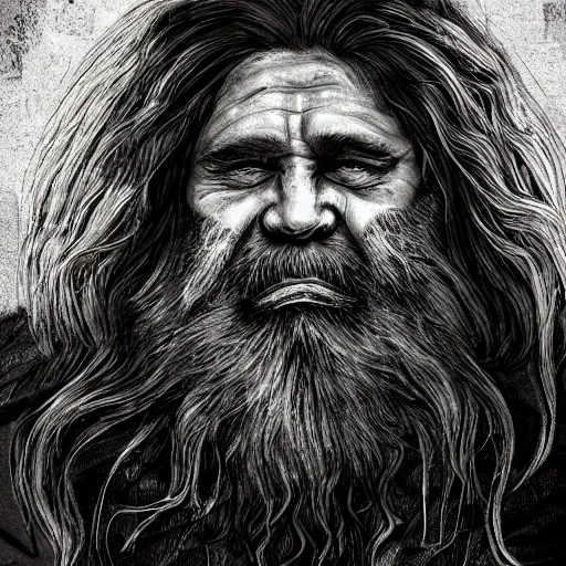 Image similar to Half-length portrait of Antares, a middle-aged dwarf man with long beard and a grave voice, that works as a master chef and lives in the nature, epic dramatic digital art.