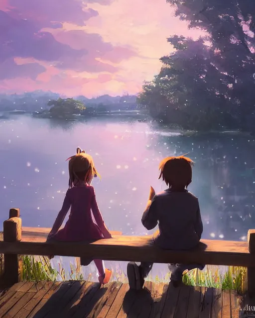 Image similar to a girl and a boy sitting together on a pier overlooking a pond. romantic. atmospheric lighting, 8 k. by makoto shinkai, stanley artgerm lau, wlop, rossdraws, james jean, andrei riabovitchev, marc simonetti, krenz cushart, sakimichan, d & d trending on artstation, digital art.