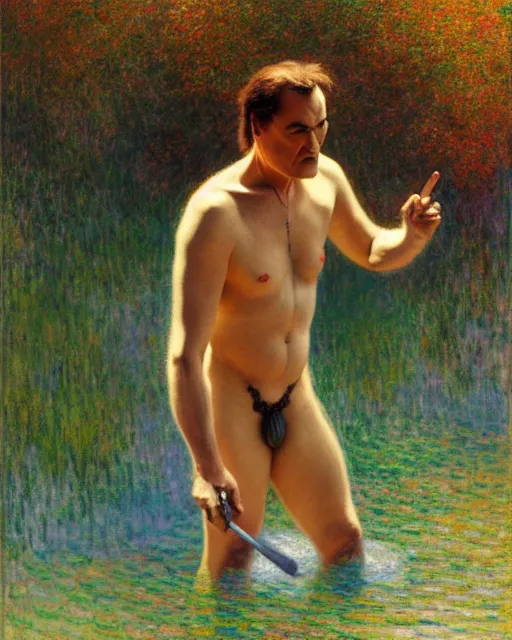 Prompt: quentin tarantino wading through a river, reflective water, painting by tom of finland, gaston bussiere, craig mullins, j. c. leyendecker, claude monet