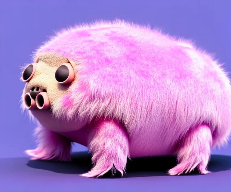 Prompt: high quality 3 d render hyperrealistic very cute small tardigrade, plush mascot, short spiky dense fluffy smooth hair, photo from the side, pink fluffy fur, 1 5 0 mm, beautiful natural soft light, rim light, vray, smooth background, artstation, ultra detailed