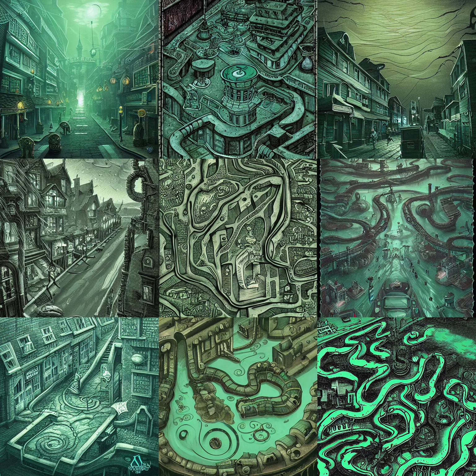 Prompt: innsmouth city streets, top down view, lovecraft, cthulhu mythos arkham horror, fluid horror, green and black, fogy, sea, by evgeniy musienko, francois baranger