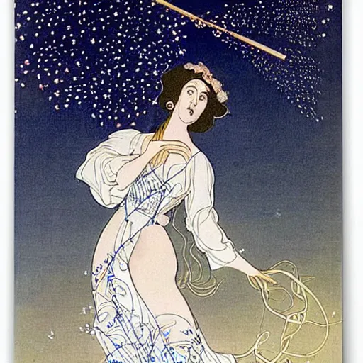 Prompt: The computer art features a woman with wings made of stars, surrounded by a blue and white night sky. The woman is holding a staff in one hand, and a star in the other. She is wearing a billowing white dress, and her hair is blowing in the wind. burnt orange, Aztec by Aubrey Beardsley, by Horace Vernet