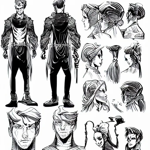 Image similar to character design sheet, book cover, deep shadows, extremely fine inking lines