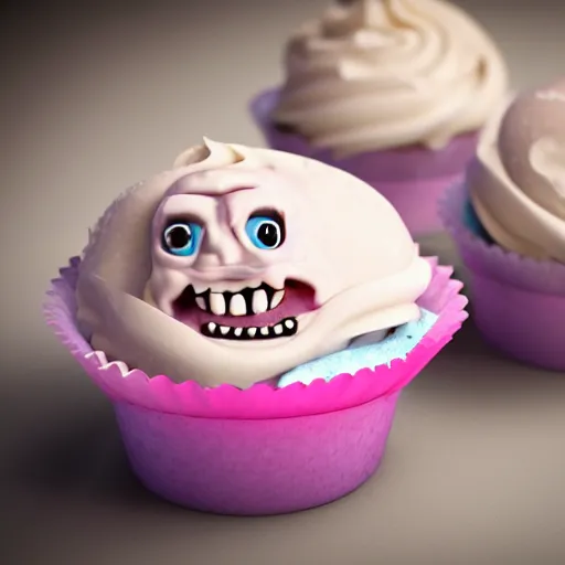 Image similar to ice cream cupcake shaped like screaming chucky doll, octane render, centered, ultrarealistic