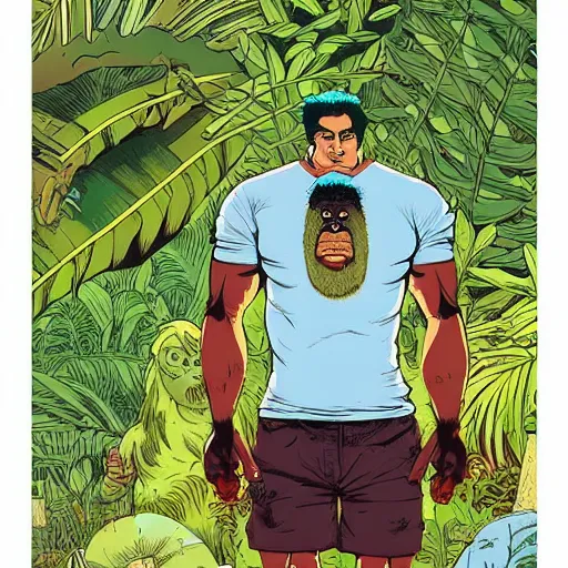 Prompt: Bipedal gorilla wearing t-shirt and shorts, background jungle, graphic novel, by James Jean, Victo Ngai, David Rubín, Mike Mignola, Laurie Greasley,