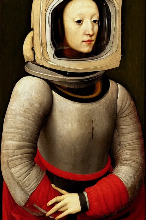 Prompt: 1 4 0 0 s renaissance portrait of an android woman astronaut with no face oil painting by jan van eyck, northern renaissance art, oil on canvas, wet - on - wet technique, realistic, expressive emotions, intricate textures, illusionistic detail