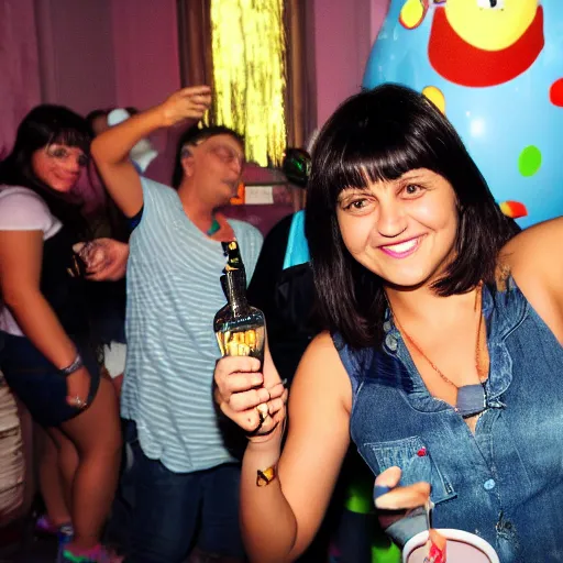 Prompt: iphone flash photograph of dora getting drunk at a party