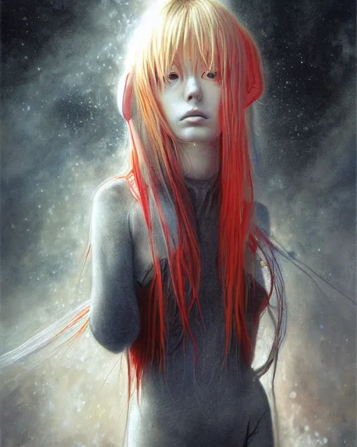 Image similar to asuka langley soryu wearing plugsuit, award winning photograph, radiant flares, realism, lens flare, intricate, various refining methods, micro macro autofocus, evil realm magic painting vibes, hyperrealistic painting by michael komarck - stephen gammell