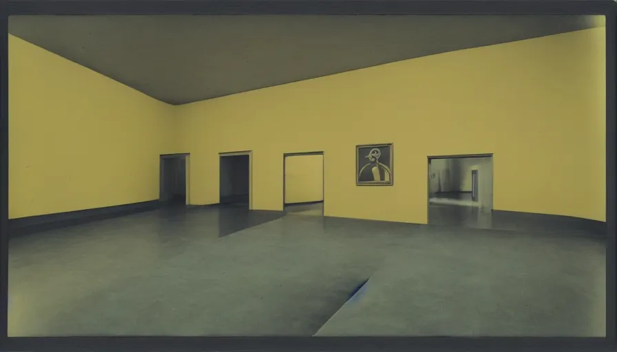 Image similar to 60s movie still of a sovietic stalinist style empty art museum with a soviet congress with yellow wall, POLAROID 600, liminal Space style, heavy grain