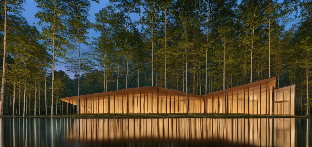 Image similar to faceted roof planes lift and descend creating shade and architectural expression, highly detailed, situated in the forest, next to a highly reflective lake, at dusk, vivid color