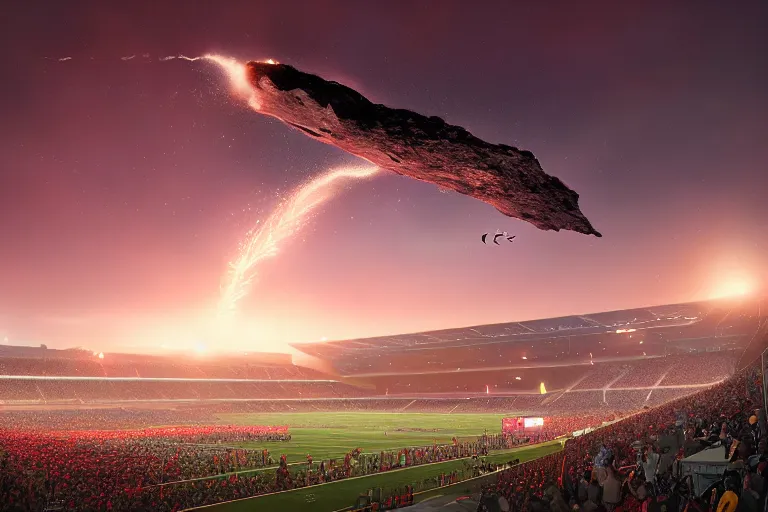 Prompt: meteorites fall from the red sky upon a football stadium, crowds panic, cinematic lighting by Jessica Rossier
