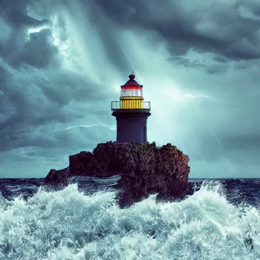 Prompt: A beautifully strange photo illustration of a small lighthouse in the middle of the ocean under a storm, rain, ligtning, wind, huge waves, clouds, sun rays, volumetric lightning, beautiful, deep colors, bright, amazing, gorgeous, wonderful, Hyper detailed digital matte painting, concept art, hyperrealism, Cinema 4D, 8k resolution, 64 megapixels, coherent, CGSociety, ZBrush Central, behance HD, hypermaximalist, a masterpiece, 4K