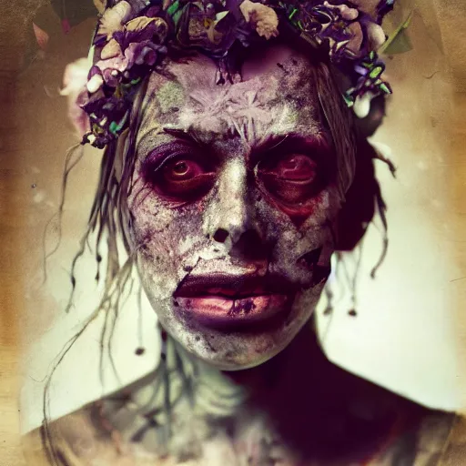 Image similar to a beautiful detailed front view portrait of a rotten woman corpse with fractal plants and fractal flowers growing around, volumetric light, beautiful lit, polaroid photography