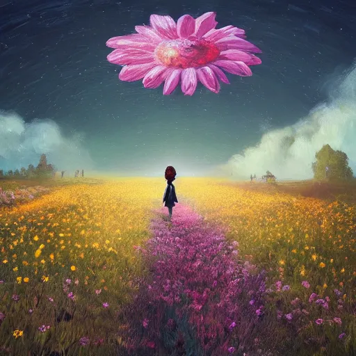 Image similar to giant daisy flower as a head, girl walking in flower field, surreal photography, moon light, dark night, dramatic, impressionist painting, clouds, digital painting, artstation, simon stalenhag