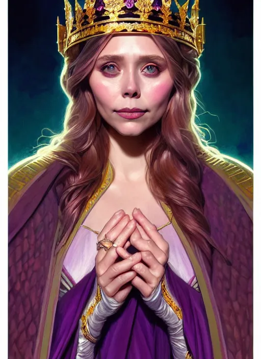 Prompt: portrait of elizabeth olsen as a queen, throne, jewelry, greek, amethyst, intricate, headshot, highly detailed, digital painting, artstation, concept art, sharp focus, cinematic lighting, illustration, art by artgerm and greg rutkowski, alphonse mucha, cgsociety