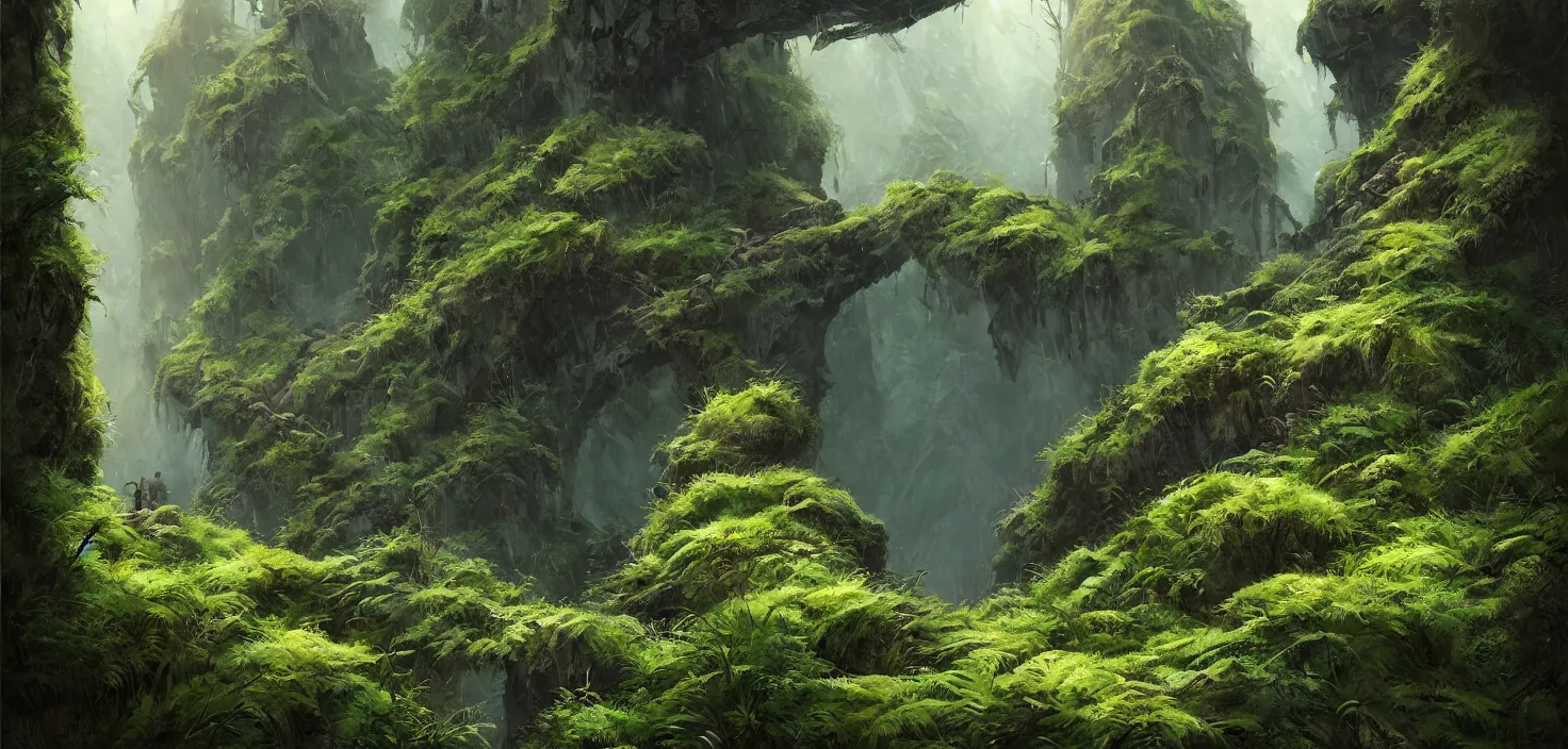 Prompt: fern canyon gorge in oregon, stone stairway, overgrown lush plants, atmospheric, cinematic view, epic sky, detailed, concept art, low angle, high detail, warm lighting, volumetric, godrays, vivid, beautiful, trending on artstation, by jordan grimmer, huge scene, grass, art greg rutkowski