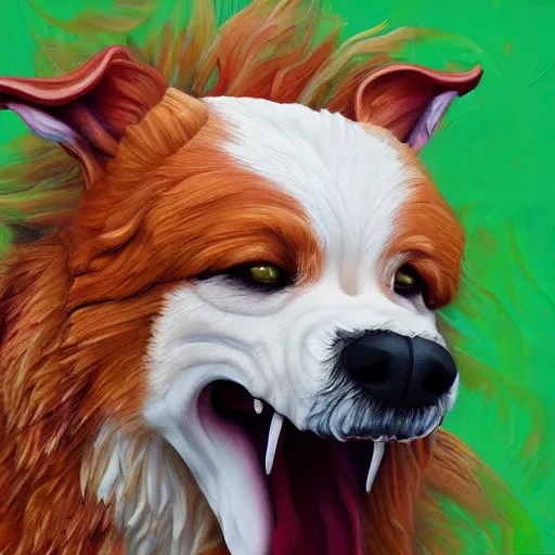 Image similar to high detail oil painting of a rabid dog, foaming with emoji faces, trending on artstation