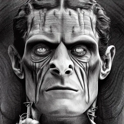 Image similar to An intricate detailed complex pencil drawing of frankenstein, dead eyes , contrast atmosphere, majestic, symmetrical face, artgerm, Dark mist, portrait, detailed monochrome, featured on artstation hd, detalied complex of monster illustration, character design art, border and embellishments dslr, hyperreal by Alphonse Mucha