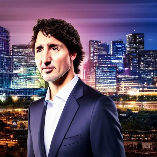 Image similar to a still of Justin Trudeau. He's wearing a dark suit. Studio lighting, Close. shallow depth of field. Professional photography City at night in background, lights, colors,4K