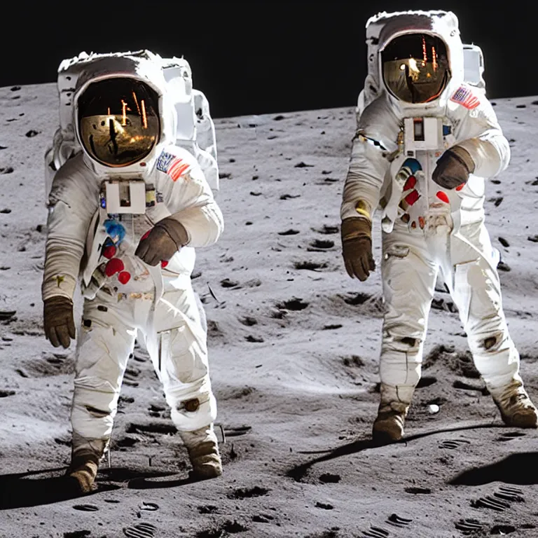 Prompt: Al pachino and Robert dinero eating cookies on the moon