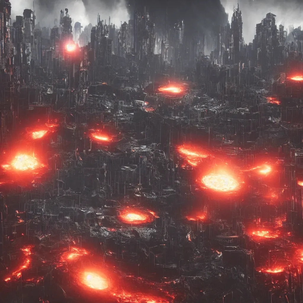 Image similar to a black hole is destroying a gothic cyberpunk City, catastrophic, fire and explosions, the feeling of dread, photorealistic, octane render, unreal engine