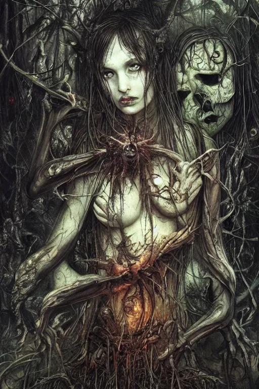 Image similar to life and death mixing in a corrupted forest, demonic faces, fireflies, hyperdetailed, 4 k, trending on artstation, dark and gloomy, demonic, cinematic, artgerm, h. r. giger, francis bacon, gustave moreau, luis royo