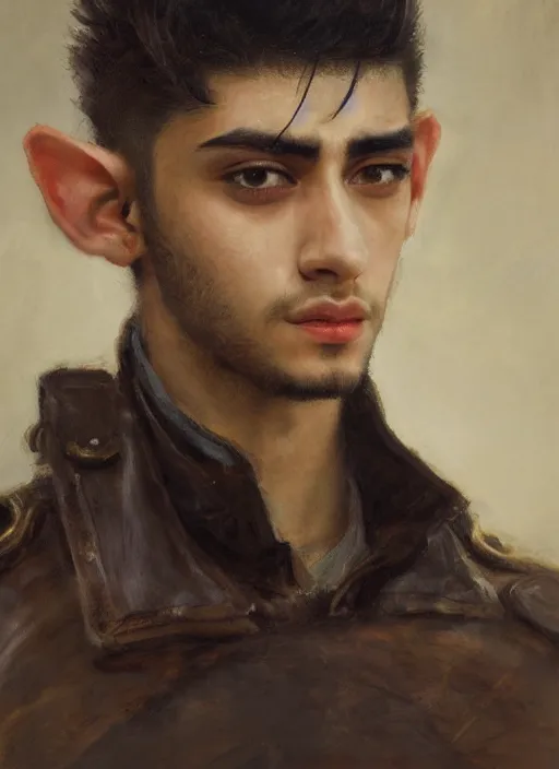 Image similar to close up head and shoulders portrait painting of young man who looks like zayn malik as an elf by jeremy mann, wearing leather napoleonic military style jacket, only one head single portrait, pointy ears