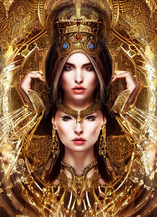 Prompt: beautiful full body concept art, photorealistic symmetrical beautiful face, female priestess with shiny hair wearing full intricate clothing standing in a slimy temple, godray, intricate lighting, micro detail, cg society