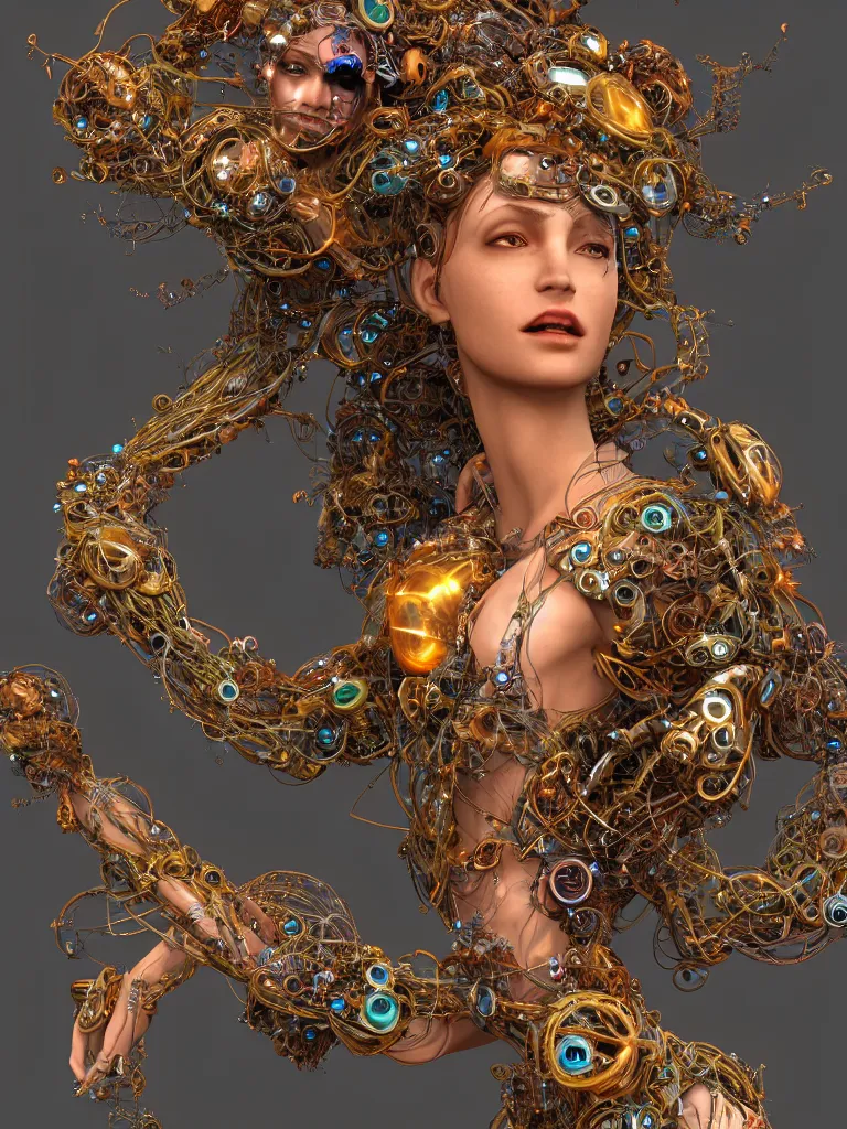 Image similar to a centered beautiful goddesses is surounded by intertwining bio - mech tendrils made of machine and robot parts and gemstones and leaves and feathers, full body, gorgeous face, perfect face, powerful, by justin gerard and james jean, 3 d, cinema 4 d render, trending on artstation, octane render, 8 k