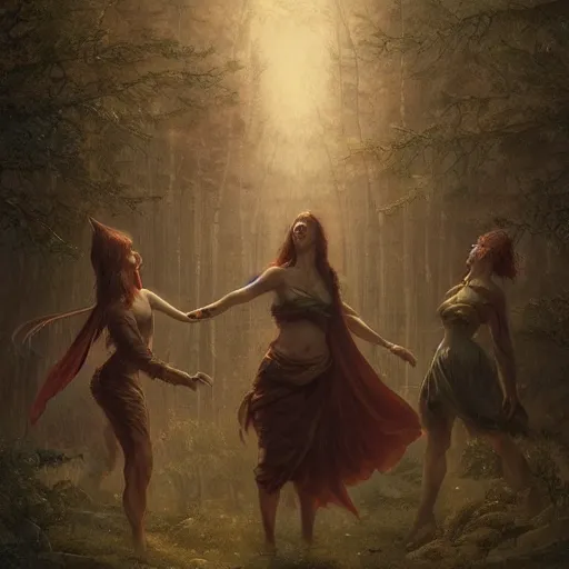 Image similar to three witches dancing around a bonefire which spawns a demon, in a forest, sharp focus, illustration, art by aenaluck and roberto ferri and greg rutkowski, epic fantasy, digital painting