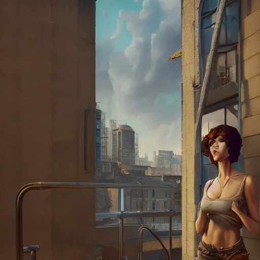 Prompt: window, eye, women, buildings, surprise, scared by wlop, artgerm, greg rutkowski, milo manara, octane render