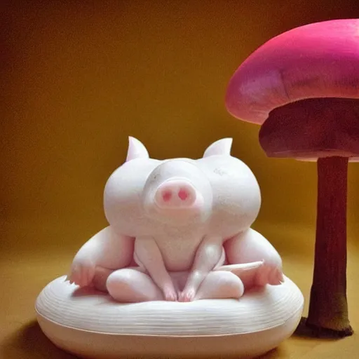 Prompt: “ cute pig meditating like a buddha on top of a giant mushroom ”