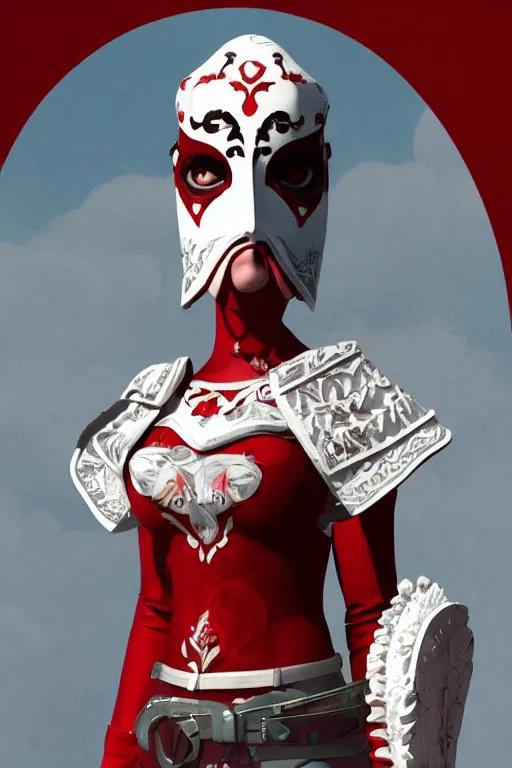 Image similar to female adventurer in tight full - body white leather armor of ukrainian vyshyvanka design with red accents and a red porcelain crow mask, trending in artstation, ukrainian, artstation, big moon in the background, establishing shot