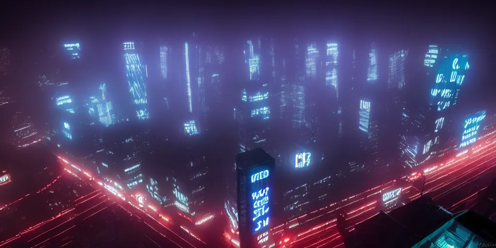 Image similar to giant illuminated advert screens, eerie fog, megacity streets seen from above, neon signs, blade runner, ex machina