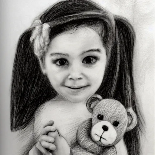 Image similar to pencil sketch, little girl holding a monkey teddy, cute, portrait