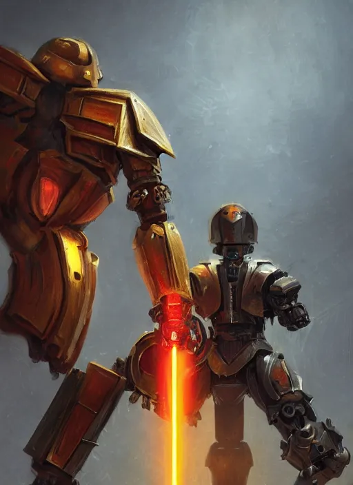 Image similar to full body, dynamic attack position abstract portrait of a intricate glorious holy mechanical warforged character in yellow armor holding a paladin engraved great longsword drawn and carrying a big paladin shield, glowing red eye, face in focus, pit droid, epic , trending on ArtStation, masterpiece, cinematic lighting, by Ross Tran and by Greg Rutkowski